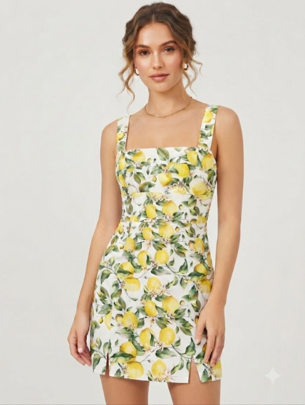 NEW Trixxi Back Tie Lemon Print Square Neckline Mini Dress Size M
